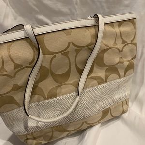 Coach Signature Print Tote Bag with leather detail
